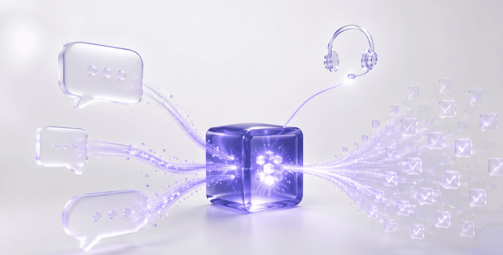 Customer messages flowing into one hub — most resolved automatically, some routed to a human